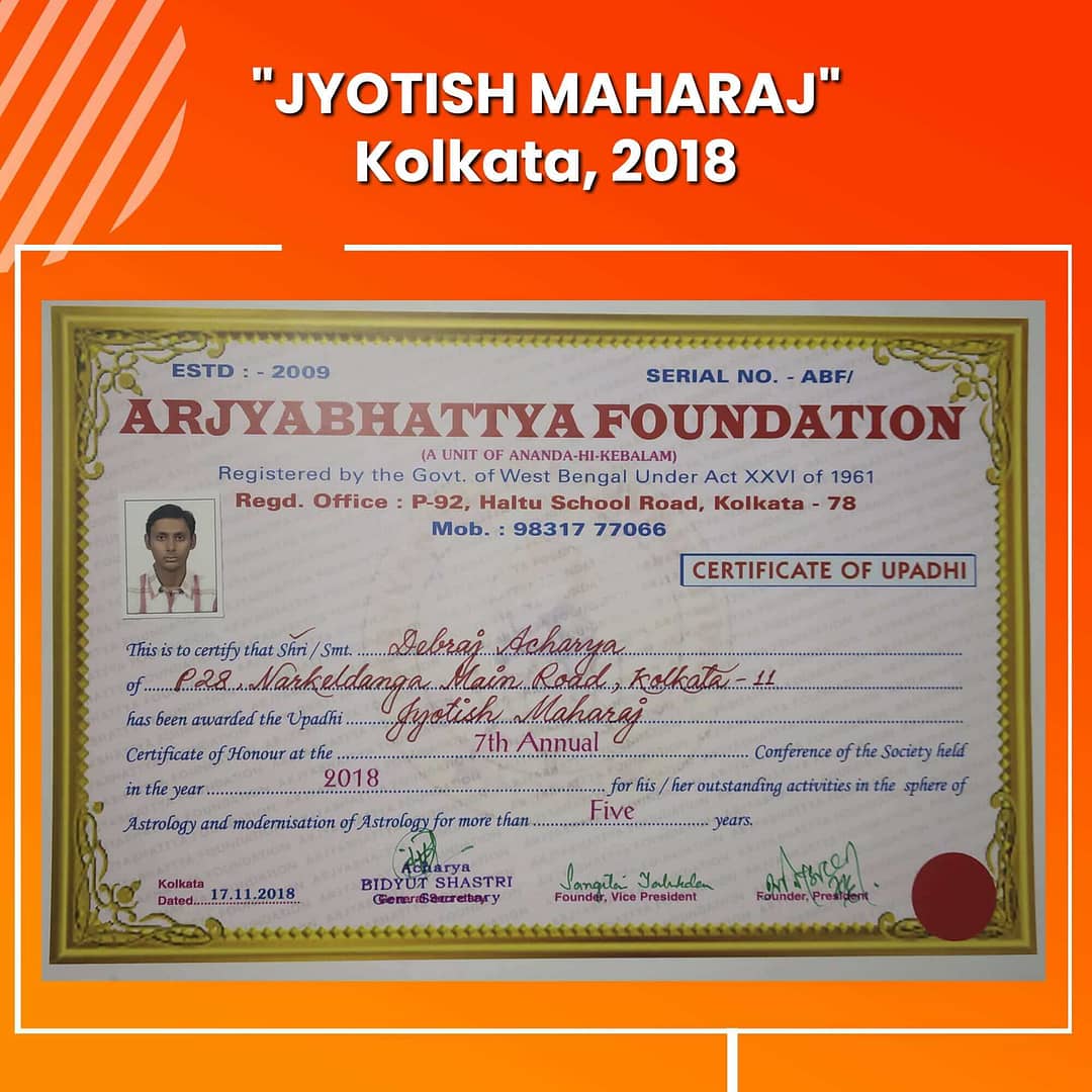 Jyotish Maharaj title received by best astrologer in kolkata Astrologer Debraj Acharya